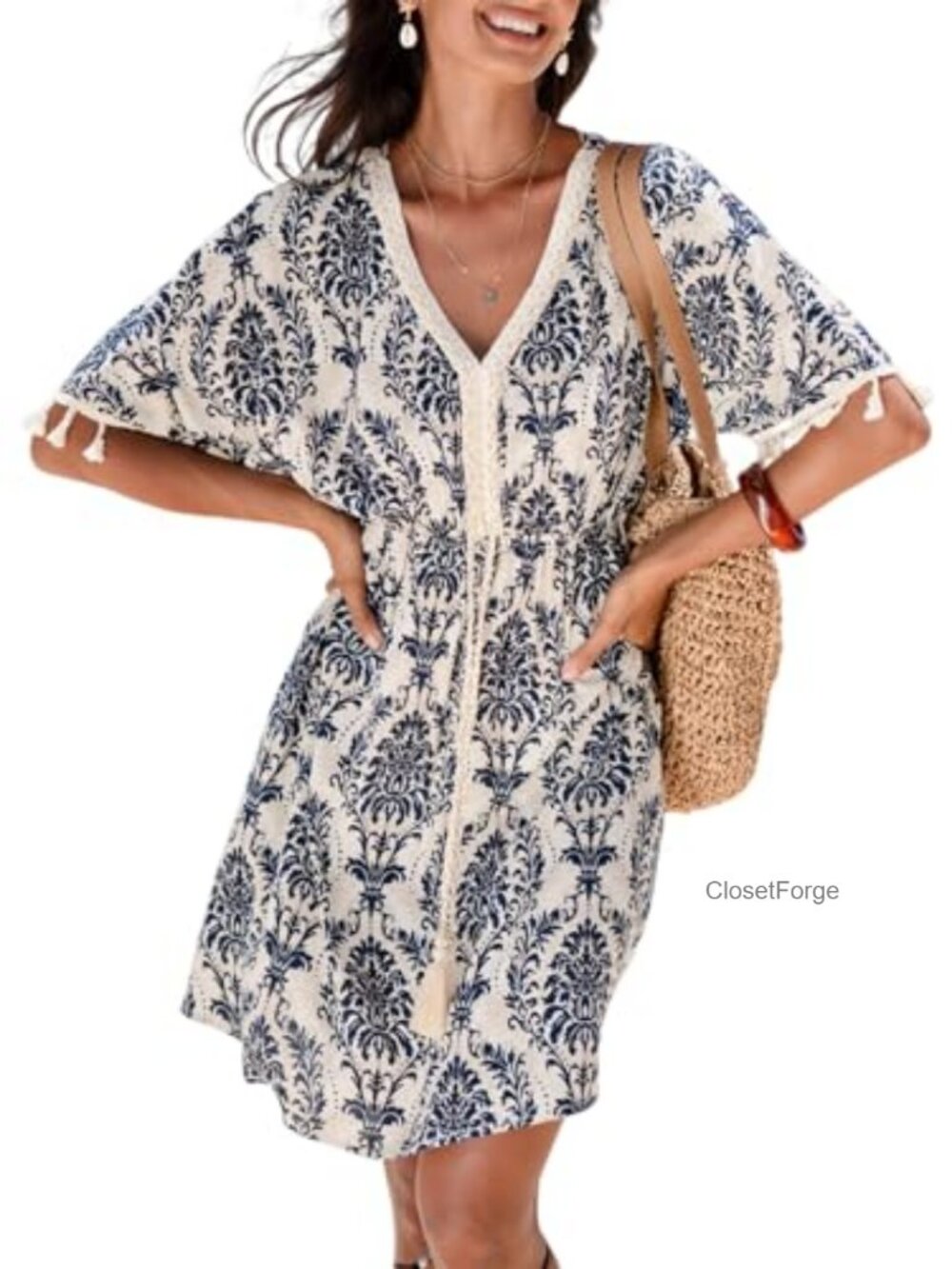 V Neck Tassel Trim Short Sleeve Paisley Summer Mini Dress